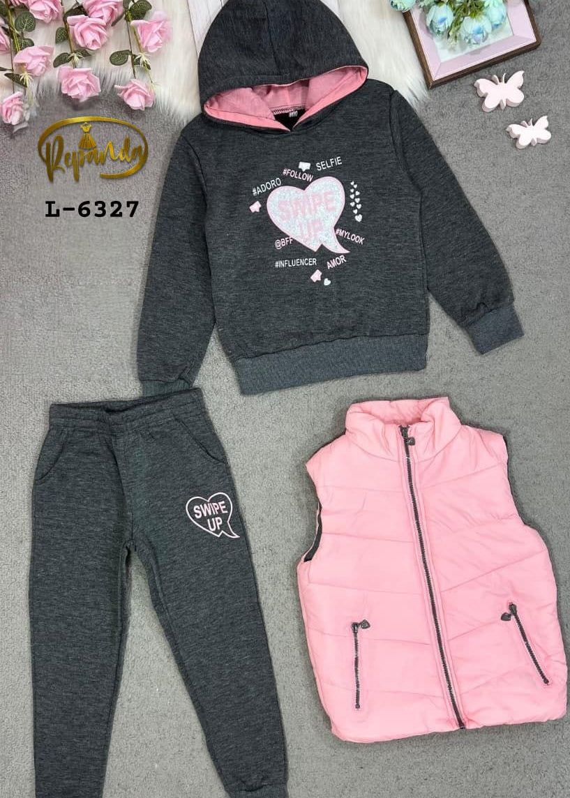 Gray hoodie, gray pants, and pink vest set with floral decorations on a light gray background