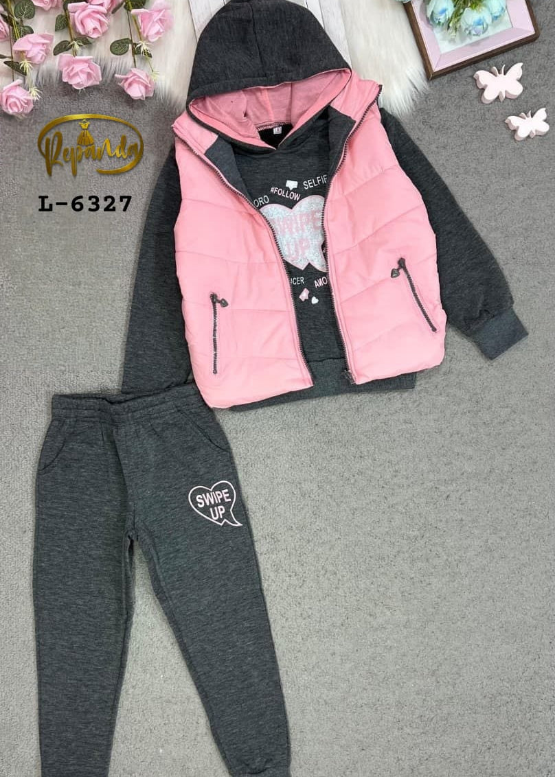 Children's hoodie and jogger set with pink and gray design on a gray background