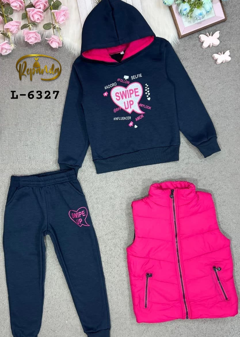 Navy hoodie, pants, and pink vest set with 'Swipe Up' text on a gray background.