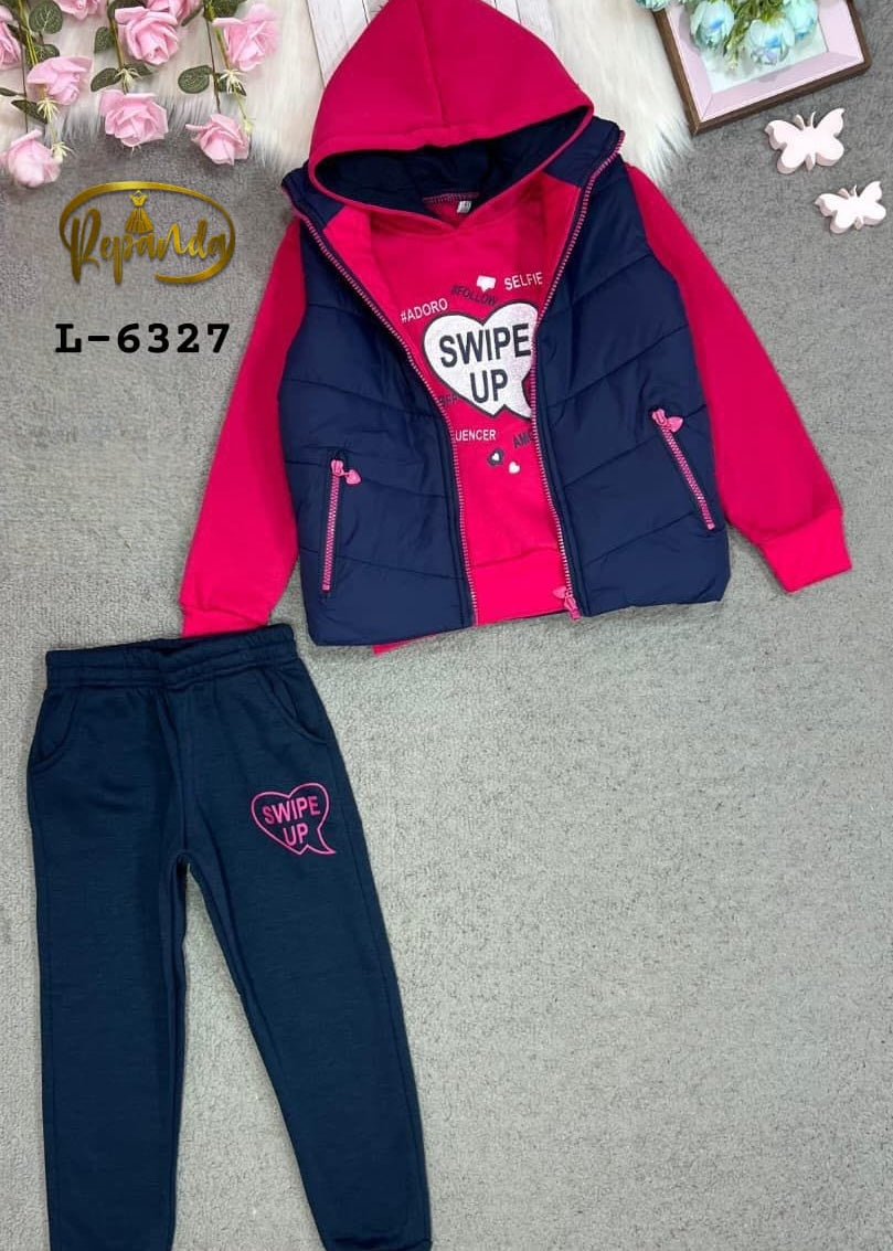 Pink and navy tracksuit with 'Swipe Up' text on a gray surface.