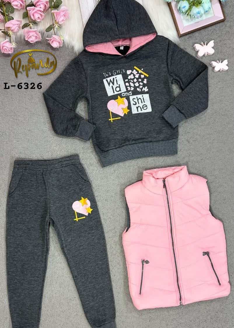 Gray hoodie with pink inner lining, gray pants, and pink vest on a gray background.