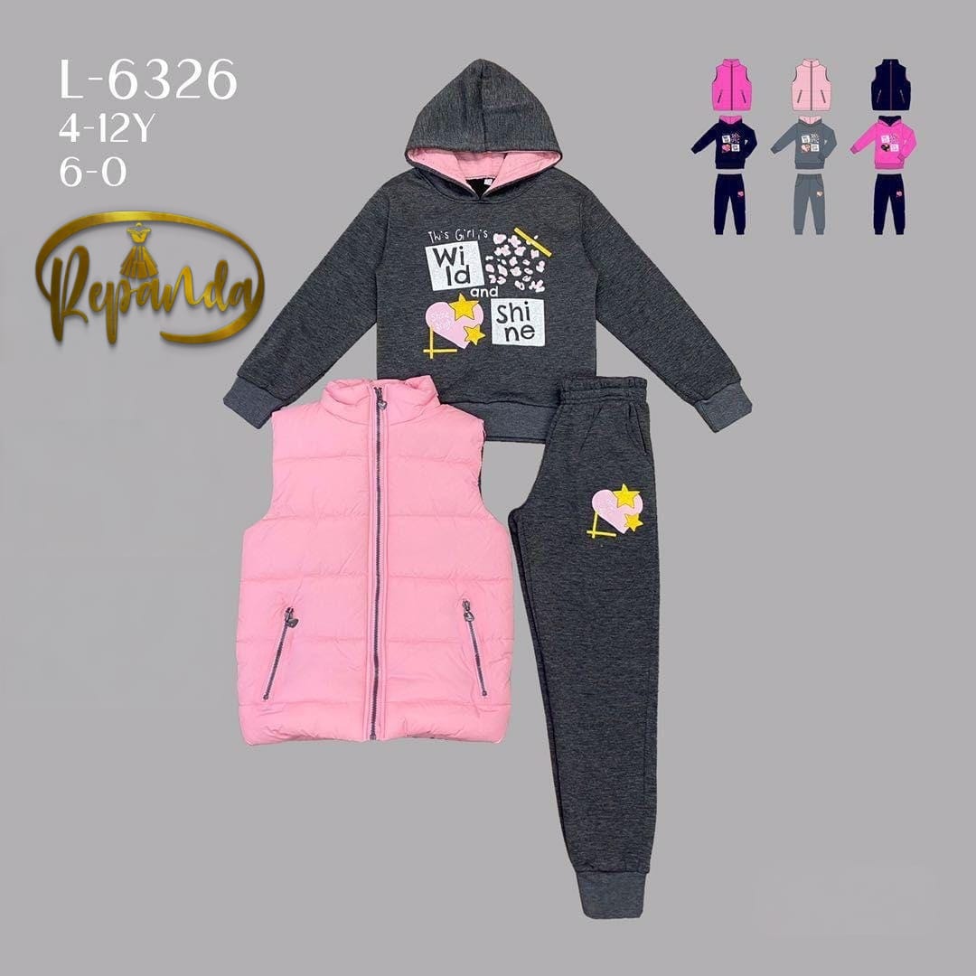 Children's outfit with gray hoodie, pink vest, and dark gray pants on a gray background, featuring the brand 'Repanda'.
